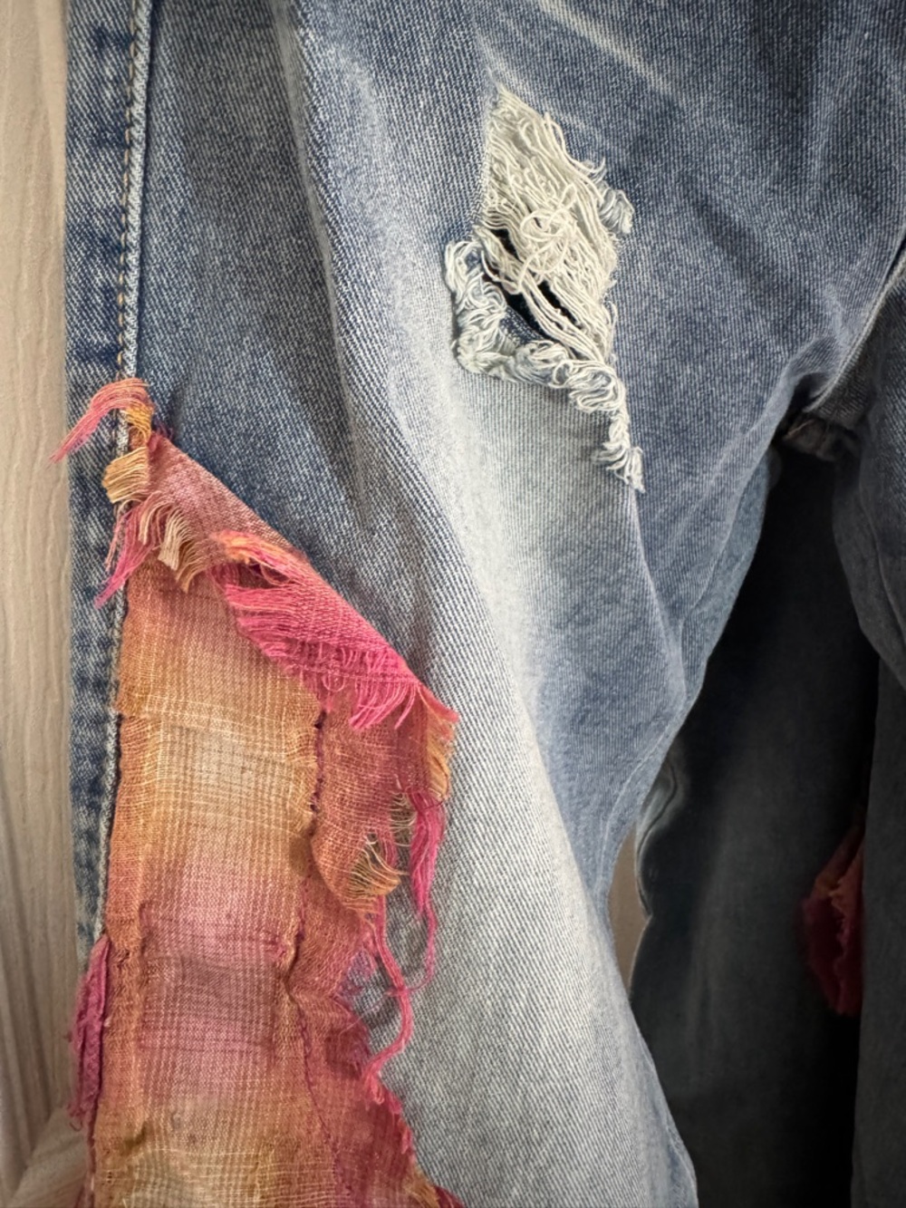 Trendy Distressed Patchwork Jeans Pink Wide Leg Y2K - Picture 3 of 9